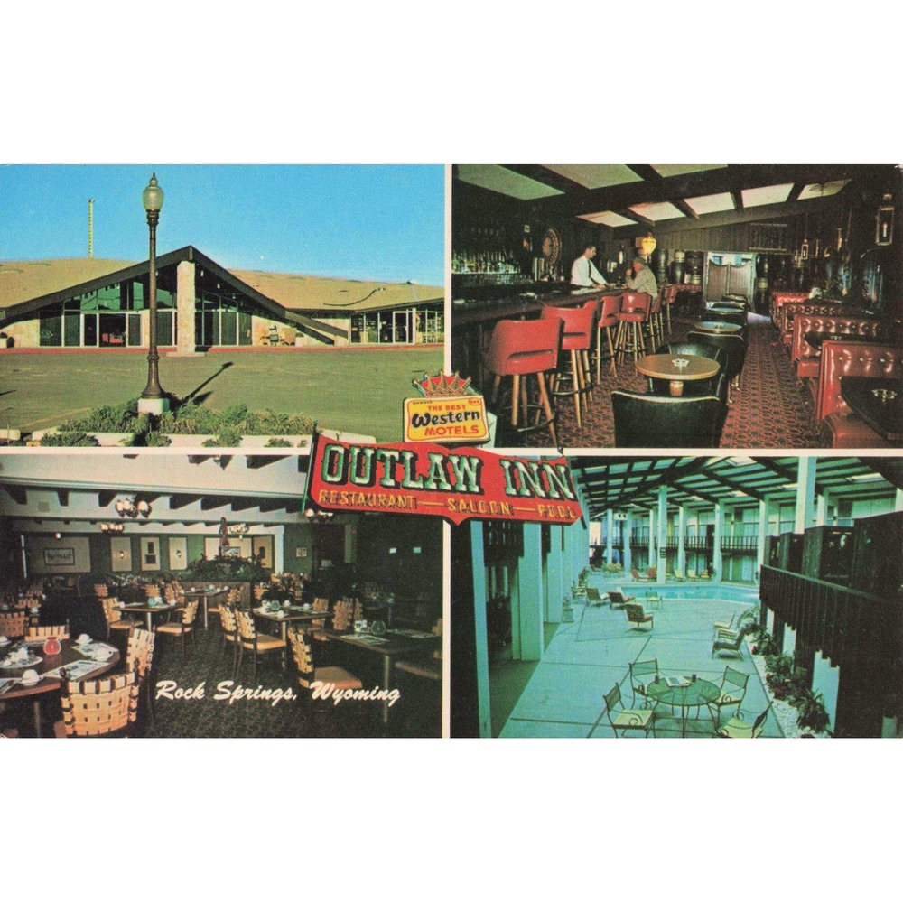Vintage Outlaw Inn Postcard Rock Springs Wyoming Restaurant Saloon Pool Views - Picture 1 of 2